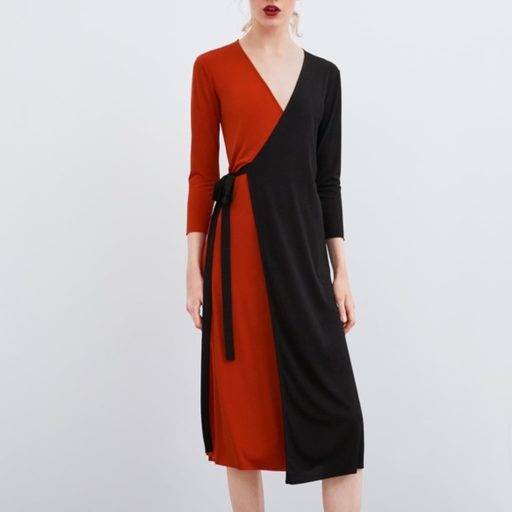 Zara Black & Orange Wrap Dress NWT